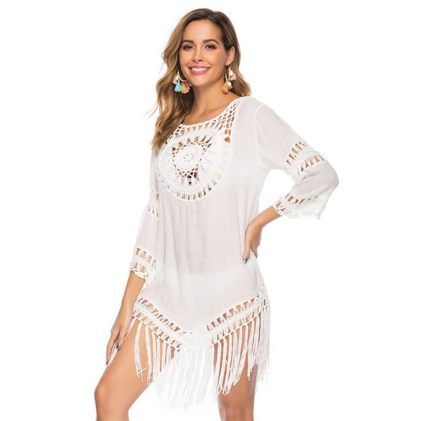 women's swimwear women hollow crochet swimsuit cover ups fringe tassels asymmetric beach dress, White;black
women's swimwear women hollow crochet swimsuit cover ups fringe tassels asymmetric beach dress, White;black
