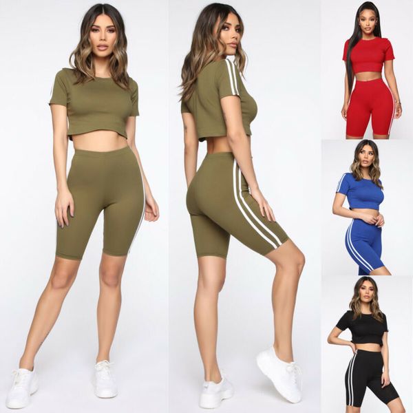 women summer short sports running suit 2pcs crop casual stripe set shorts pants tracksuit sport set yoga stretch bodysuit, Black;blue
women summer short sports running suit 2pcs crop casual stripe set shorts pants tracksuit sport set yoga stretch bodysuit, Black;blue