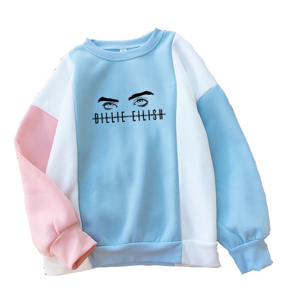 women billie eilish's eys printed hoodies streetwear casual funny fleece warm spell color patchwork o-neck pullovers sweatshirts, Black 
women billie eilish's eys printed hoodies streetwear casual funny fleece warm spell color patchwork o-neck pullovers sweatshirts, Black