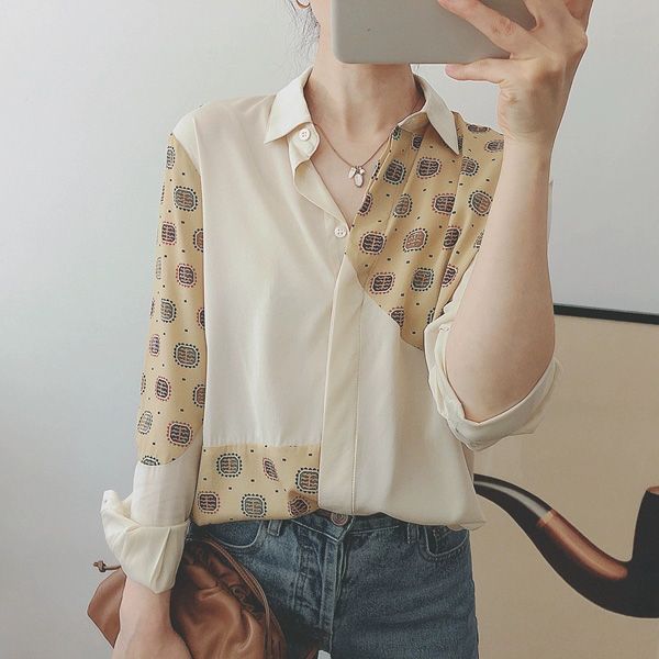 ethnic style printed women silk shirt long sleeve turn-down collar casual lady shirt 2020 new, White