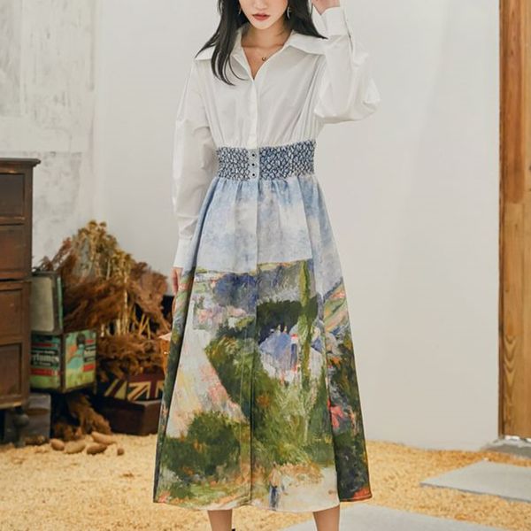 lanmrem 2020 spring new casual fashion women loose plus lapel oil painting hem long sleeve dress tc618, Black;gray