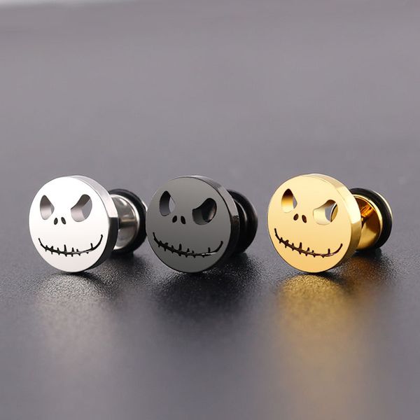 

titanium stainless steel skull earrings evil smile stud earrings halloween skeleton ear stud piercing punk jewelry grimace for men women, Golden;silver