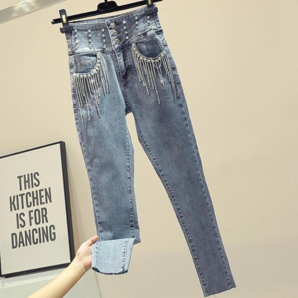2020 spring autumn new fashion heavy industry jeans women tassel diamond pockets high waist slim elastic pencil jeans, Blue
2020 spring autumn new fashion heavy industry jeans women tassel diamond pockets high waist slim elastic pencil jeans, Blue
