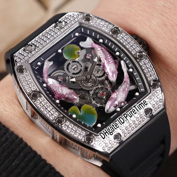 edition 57-01 steel silver diamond bezel skeleton 3d 3 fish playing water lotus leaf color dial automatic mens watch black rubber e02, Slivery;brown
edition 57-01 steel silver diamond bezel skeleton 3d 3 fish playing water lotus leaf color dial automatic mens watch black rubber e02, Slivery;brown