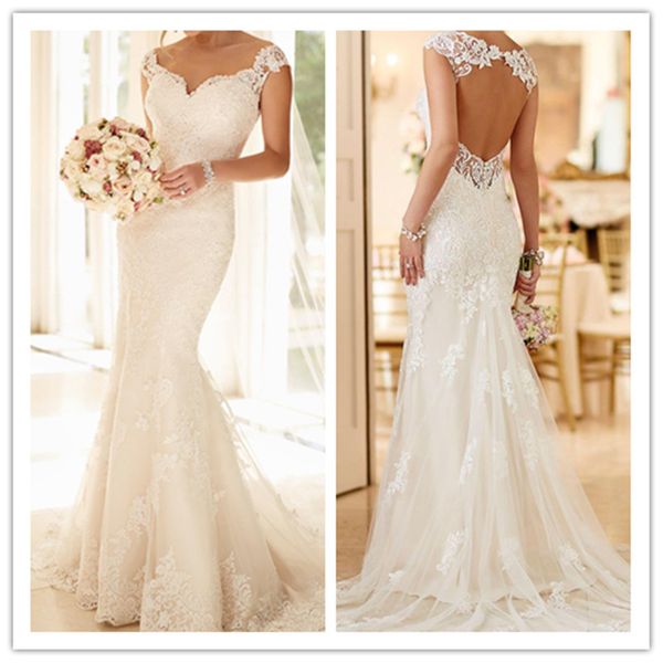 2019 new lace mermaid wedding dresses sweetheart backless appliques long wedding gowns cap sleeve vestido de novia beach bridal dresses, White 
2019 new lace mermaid wedding dresses sweetheart backless appliques long wedding gowns cap sleeve vestido de novia beach bridal dresses, White