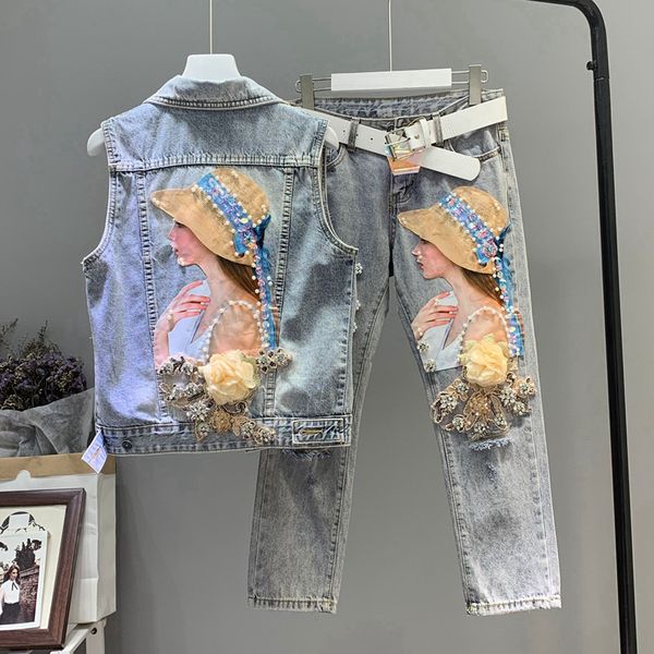 summer new heavy industry diamonds sleeveless denim jacket woman+holes beaded jean womens jean suit two piece set students suits, White
summer new heavy industry diamonds sleeveless denim jacket woman+holes beaded jean womens jean suit two piece set students suits, White