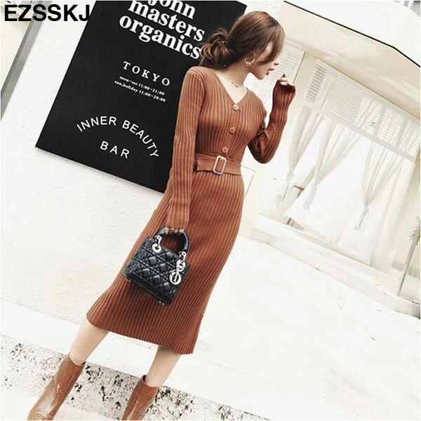 осень зима вязать длинное платье женщины повседневная v шеи тонкий bodycon свитер платья офис леди корейский стиль кнопки платье с поясом, Black;pink