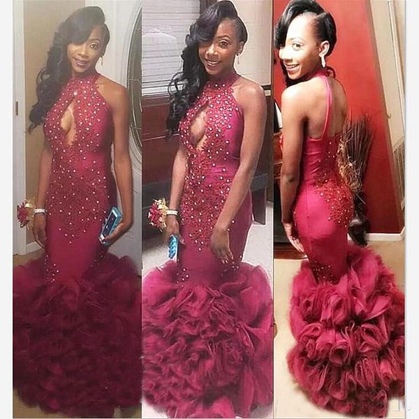 Sexy Keyhole Neck 2019 Appliques Beads Burgundy Prom Dresses Long Cascading Ruffles Mermaid Evening Dress Party Gowns For Women
Sexy Keyhole Neck 2019 Appliques Beads Burgundy Prom Dresses Long Cascading Ruffles Mermaid Evening Dress Party Gowns For Women