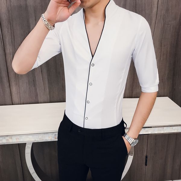 summer men shirt 2019 summer v neck slim fit shirt men half sleeve solid streetwear mens casual shirts all match blouse homme, White;black
summer men shirt 2019 summer v neck slim fit shirt men half sleeve solid streetwear mens casual shirts all match blouse homme, White;black