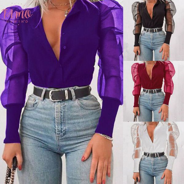 new fashion women button down v neck blouses tulle sheer puff sleeve blouse slim fit ladies party club wear, White
new fashion women button down v neck blouses tulle sheer puff sleeve blouse slim fit ladies party club wear, White