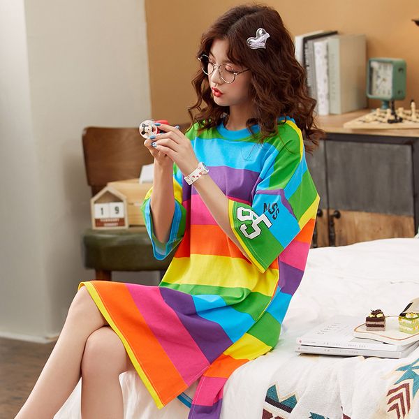 rainbow striped alphabet printing nightdress ladies summer korean short-sleeved cute thin cartoon loose cotton nighty night gown, Black;red
rainbow striped alphabet printing nightdress ladies summer korean short-sleeved cute thin cartoon loose cotton nighty night gown, Black;red