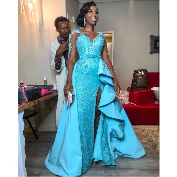 luxurious sparkly side split peplum evening dresses lace beaded sequined with full sleeve detachable train prom dress 2019, White;black
luxurious sparkly side split peplum evening dresses lace beaded sequined with full sleeve detachable train prom dress 2019, White;black