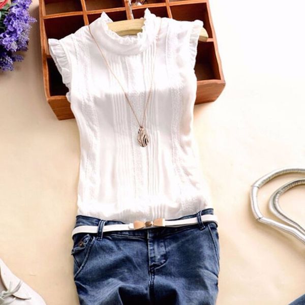 

vogue women ruffle sleeve neck slim fitted shirts casual office lady white blouse tees
