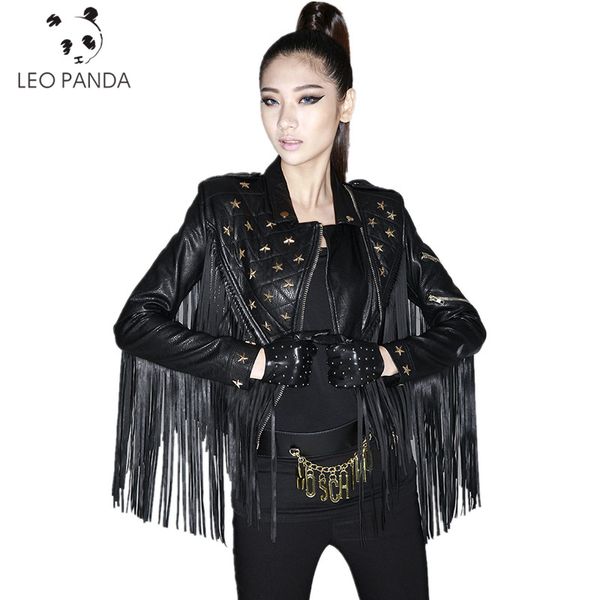 original design autumn women novelty personality long tassel rivets pu leather short motorcycle leather female jackets lxt196, Black
original design autumn women novelty personality long tassel rivets pu leather short motorcycle leather female jackets lxt196, Black