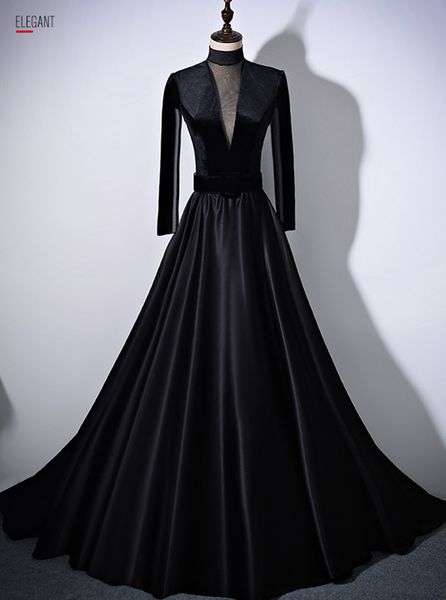 long a-line middle east muslim black evening dress with bow robe de soiree v-neck see through back prom gowns vestido de festast, Black;red 
long a-line middle east muslim black evening dress with bow robe de soiree v-neck see through back prom gowns vestido de festast, Black;red