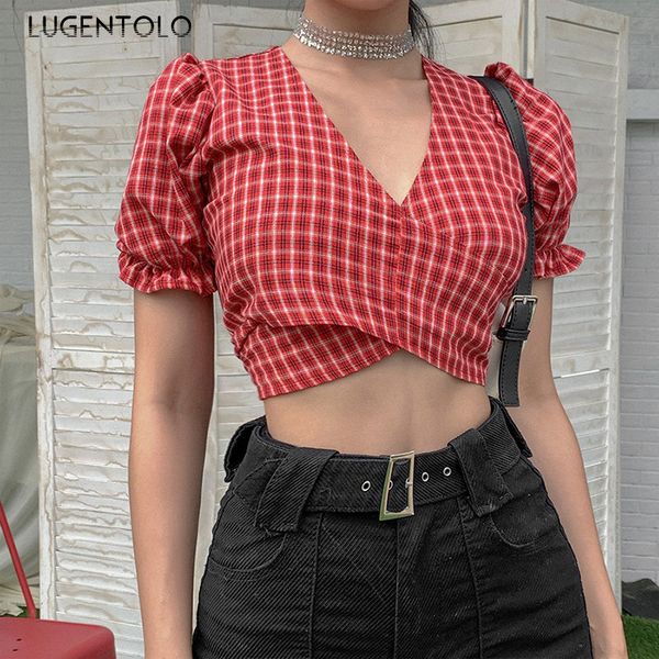 women's t-shirt lugntolo women summer plaid cool fashion slim-fit navel short puff sleeve v-neck t-shirts, White
women's t-shirt lugntolo women summer plaid cool fashion slim-fit navel short puff sleeve v-neck t-shirts, White
