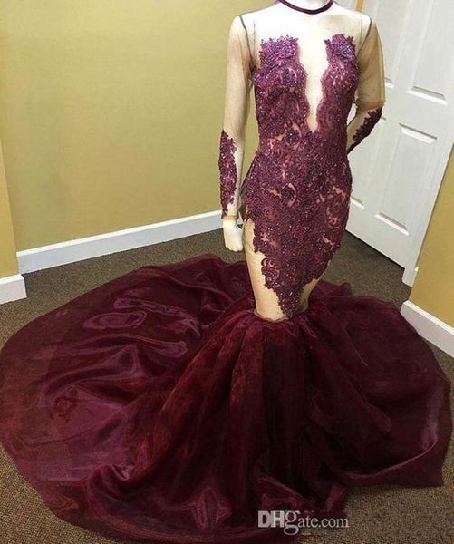 2019 new african burgundy mermaid long sleeves prom dresses sheer see through beaded crystal o neck court train long prom gowns 1114, Black
2019 new african burgundy mermaid long sleeves prom dresses sheer see through beaded crystal o neck court train long prom gowns 1114, Black