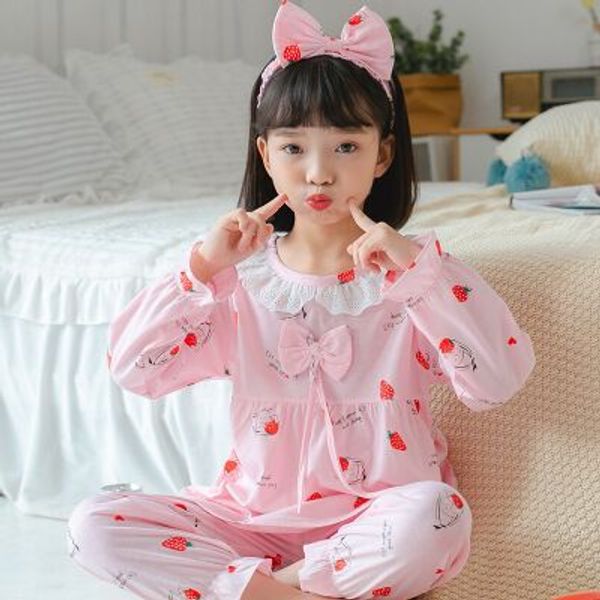 New Big Girl Wear Spring Autumn Cotton Pajamas Sets Print Girl Sleepwear New Party Pajamas For Gift Send Same Hair Band