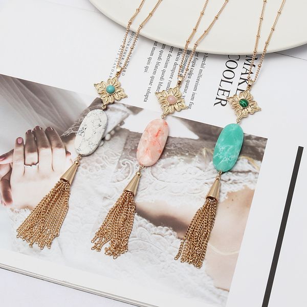 fashion oval natural stone white turquoise necklace gold metal long chain sweater tassels statement necklace, Silver
fashion oval natural stone white turquoise necklace gold metal long chain sweater tassels statement necklace, Silver