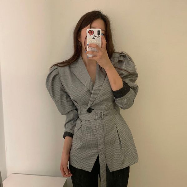 office ladies wear plaid women blazers one button belted overcoats puff sleeve notched collar female suit coats, White;black
office ladies wear plaid women blazers one button belted overcoats puff sleeve notched collar female suit coats, White;black