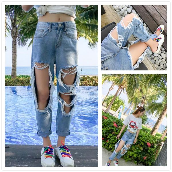 2018 spring and summer korean-style new style loose retro large with holes jeans women's ninth pants harem pants, Blue
2018 spring and summer korean-style new style loose retro large with holes jeans women's ninth pants harem pants, Blue
