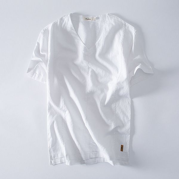 men's short sleeve v neck casual t-shirts summer solid cotton linen slim fit tees men chinese style male tshirt ts-420, White;black
men's short sleeve v neck casual t-shirts summer solid cotton linen slim fit tees men chinese style male tshirt ts-420, White;black