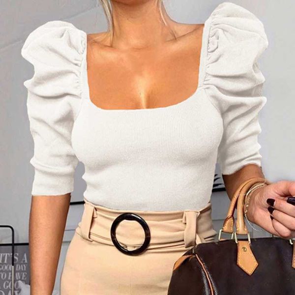 women's t-shirt basic solid color five-point sleeves fashion bubble sleeve square collar spot ladies, White
women's t-shirt basic solid color five-point sleeves fashion bubble sleeve square collar spot ladies, White