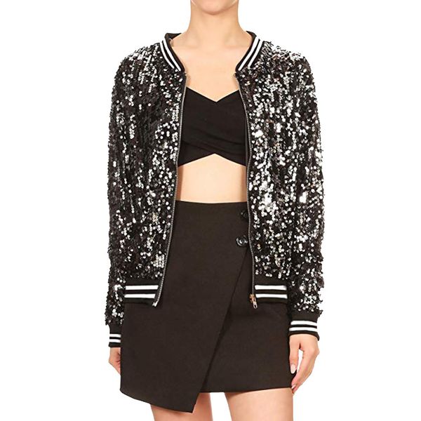 2019 spring autumn women sequin bomber jacket long sleeve front zip jacket with ribbed cuffs coats casual with ribbed abrigo#g15, Black;brown
2019 spring autumn women sequin bomber jacket long sleeve front zip jacket with ribbed cuffs coats casual with ribbed abrigo#g15, Black;brown