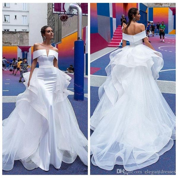 off shoulder mermaid wedding dresses with detachable train long tiered bridal gowns european fashion custom spring vestidos de mariee, White
off shoulder mermaid wedding dresses with detachable train long tiered bridal gowns european fashion custom spring vestidos de mariee, White