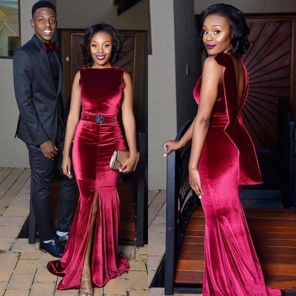 attractive african velvet mermaid evening dresses dark red front split backless prom dress sleeveless formal dress with beaded sash, Black;red
attractive african velvet mermaid evening dresses dark red front split backless prom dress sleeveless formal dress with beaded sash, Black;red