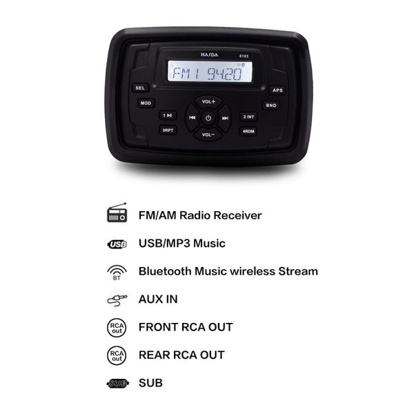 marine waterproof stereo radio audio system bluetooth fm media receiver square car mp3 player for rv atv boat yacht motorcycle
marine waterproof stereo radio audio system bluetooth fm media receiver square car mp3 player for rv atv boat yacht motorcycle