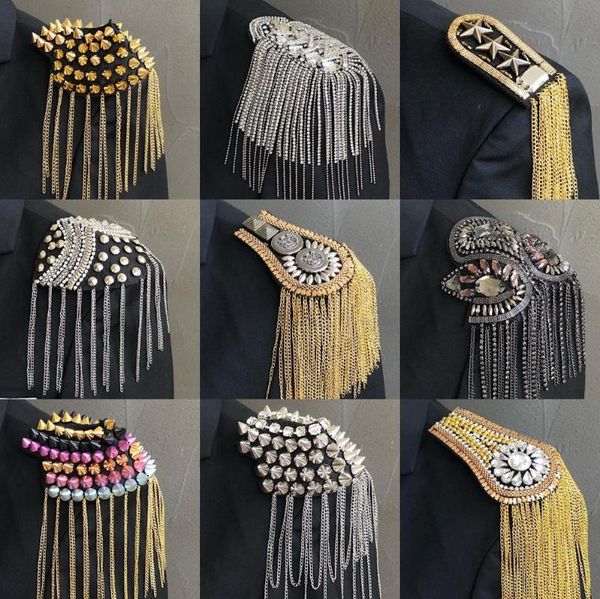 

men women tassel chain lapel pin punk shoulder badge brooch child wedding club party crystal brooches rhinestone corsage epaulet, Black;gray