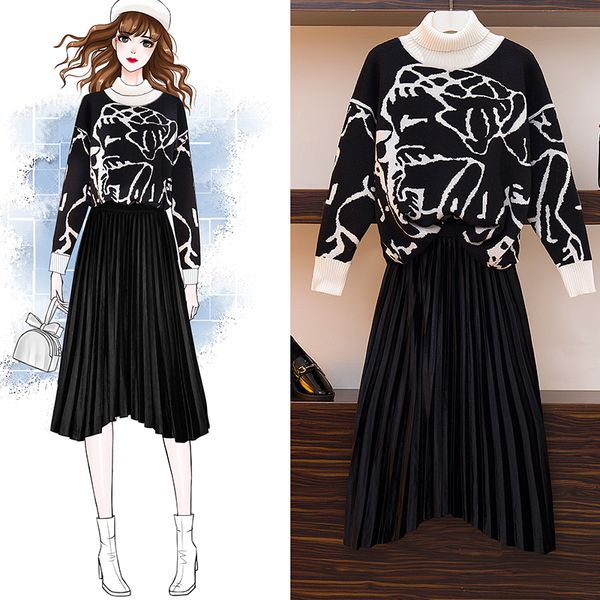 plus size knitted sweaters black 2 piece set autumn women jacquard pullover + velvet pleated skirt two piece set knit suit, White
plus size knitted sweaters black 2 piece set autumn women jacquard pullover + velvet pleated skirt two piece set knit suit, White