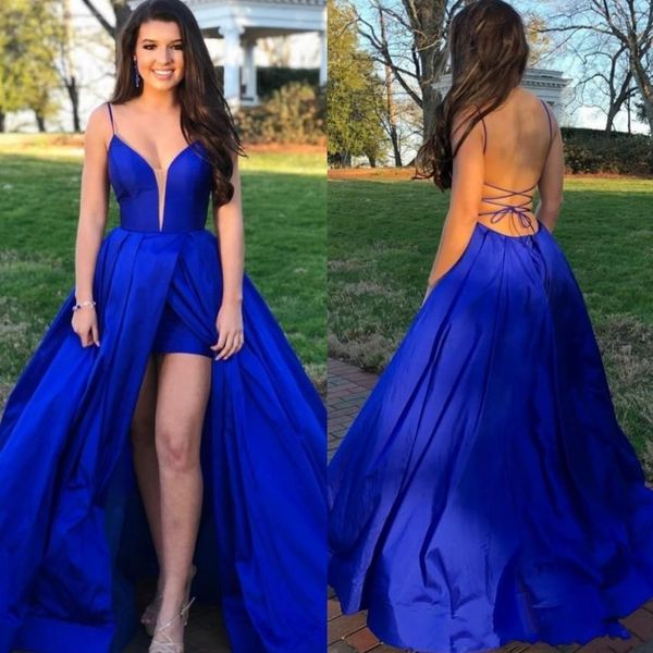 2020 royal blue side split backless prom dresses sheer plunging neck evening gowns plus size taffeta a line formal dress, Black
2020 royal blue side split backless prom dresses sheer plunging neck evening gowns plus size taffeta a line formal dress, Black