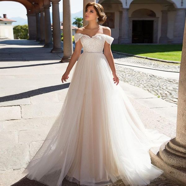 simple a-line off the shoulder beach wedding dresses lace appliques rhinestone belt boho wedding dress tiered tulle bridal dress, White
simple a-line off the shoulder beach wedding dresses lace appliques rhinestone belt boho wedding dress tiered tulle bridal dress, White