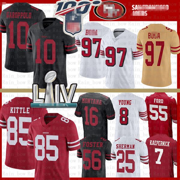 

85 george kittle 10 jimmy garoppolo jersey 97 nick bosa richard sherman joe montana san francisco 49er jerry rice kaepernick ford young, Black;red