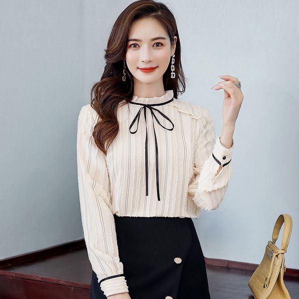 chiffon shirt women's long-sleeved 2020 spring wear new women's korean-style headbow bow lotus leaf side air shirt, White 
chiffon shirt women's long-sleeved 2020 spring wear new women's korean-style headbow bow lotus leaf side air shirt, White
