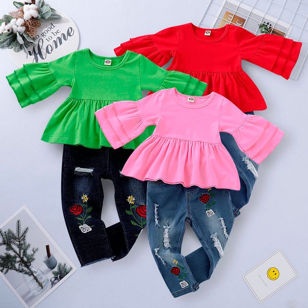 2019 baby girls children kids baby clothes set frill t shirt +floral embroidery denim pants outfit clothing set tracksuit, White
2019 baby girls children kids baby clothes set frill t shirt +floral embroidery denim pants outfit clothing set tracksuit, White