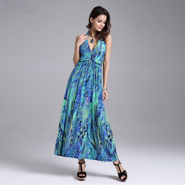 fashion hanging neck waist dress color peacock flower beach holiday dress milk silk printing, White
fashion hanging neck waist dress color peacock flower beach holiday dress milk silk printing, White