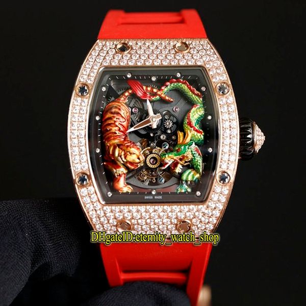 2021 zf real tourbillon mechanical 51-01 mc dragon tiger totem painted dial rm51-01 men watch rose gold iced out diamonds case watches, Slivery;brown 
2021 zf real tourbillon mechanical 51-01 mc dragon tiger totem painted dial rm51-01 men watch rose gold iced out diamonds case watches, Slivery;brown
