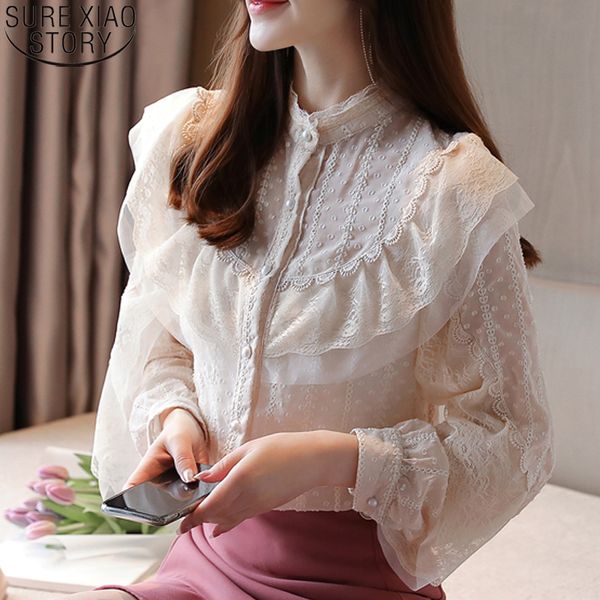 apricot sweet lace chiffon shirts women long sleeve blouses ruffled womens and blouses casual cardigan female blusas 10624, White