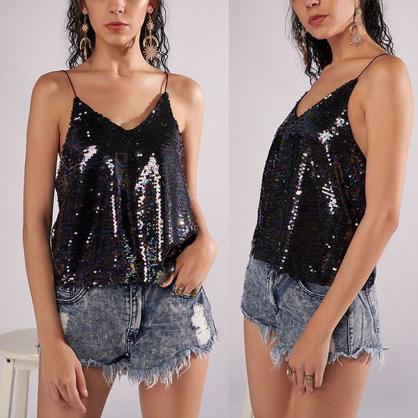 fashion women sequins vest strappy v neck sleeveless loose pullover for summer gm, White 
fashion women sequins vest strappy v neck sleeveless loose pullover for summer gm, White