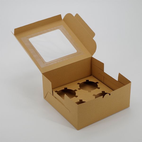 ribbon 2/4 holes clear window disposable biodegradable paper box for cupcakes