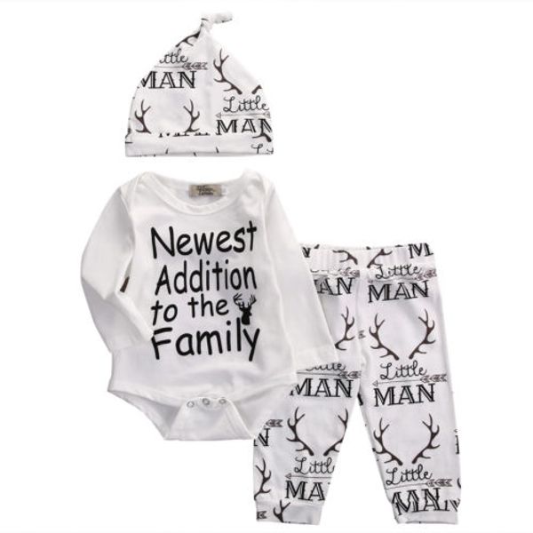 autumn winter spring new 3pcs casual toddler newborn baby boy romper+long pant+hat print deer outfits set clothes 0-18m, White
autumn winter spring new 3pcs casual toddler newborn baby boy romper+long pant+hat print deer outfits set clothes 0-18m, White
