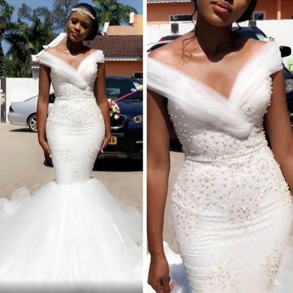 arabic pearls mermaid wedding dresses bridal gowns off the shoulder lace court train tulle wedding reception gown, White
arabic pearls mermaid wedding dresses bridal gowns off the shoulder lace court train tulle wedding reception gown, White