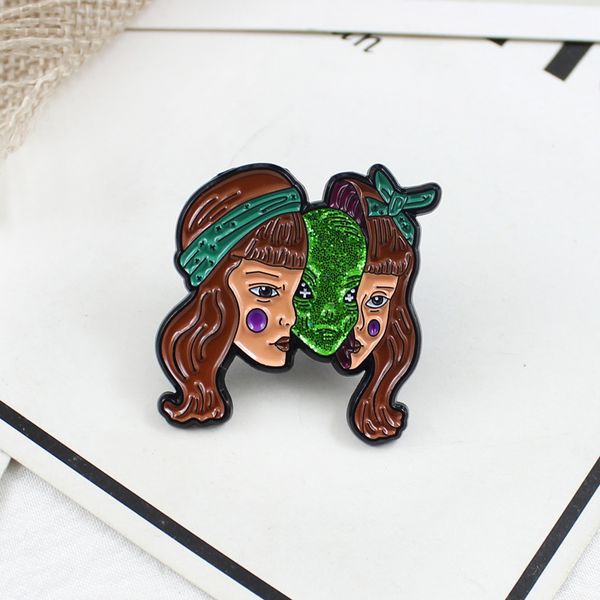 women's brooches brown hair girl lady split face green alien monster girl stairs gift for halloween enamel pin, Gray
women's brooches brown hair girl lady split face green alien monster girl stairs gift for halloween enamel pin, Gray