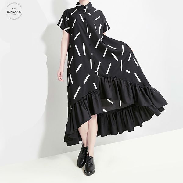 2019 shirt new women summer long black striped plus size ruffles female runway sundress party club dresses robe femme 5050, Black;gray 
2019 shirt new women summer long black striped plus size ruffles female runway sundress party club dresses robe femme 5050, Black;gray
