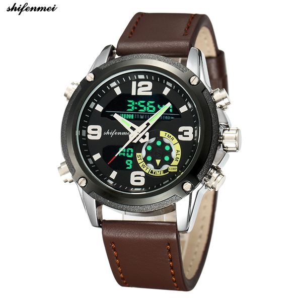 shifenmei 1132 outdoor sports quartz watches men chronograph leather double display relogio masculino, Slivery;brown
shifenmei 1132 outdoor sports quartz watches men chronograph leather double display relogio masculino, Slivery;brown