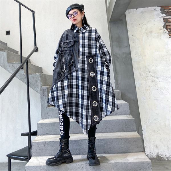 johnature new fashion plaid patchwork denim long irregular plus size womens and blouses 2020 autumn female shirts, White
johnature new fashion plaid patchwork denim long irregular plus size womens and blouses 2020 autumn female shirts, White