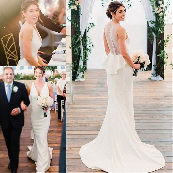 modern v neck sweep train mermaid wedding dress simple illusion back covered button beach bridal gown custom made, White
modern v neck sweep train mermaid wedding dress simple illusion back covered button beach bridal gown custom made, White